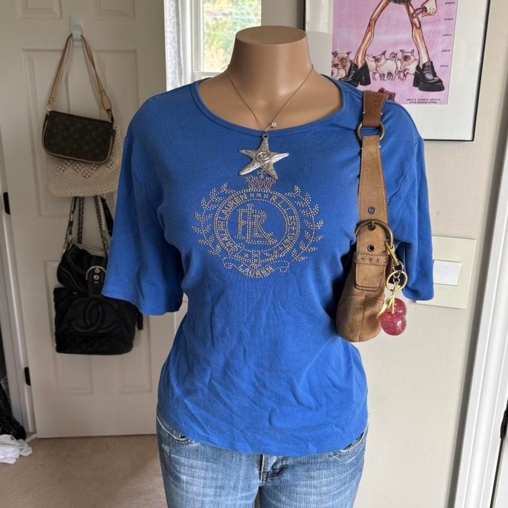 y2k 2000s mcbling ralph lauren blue rhinestone logo tee